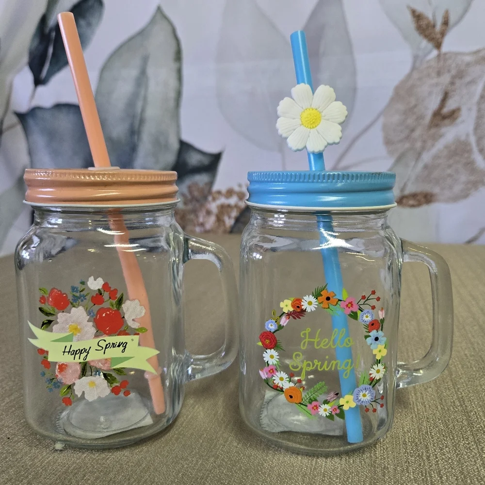 Set of 4 Spring Floral Mason Jar Mugs - 16oz - Happy Spring Lids & Straws